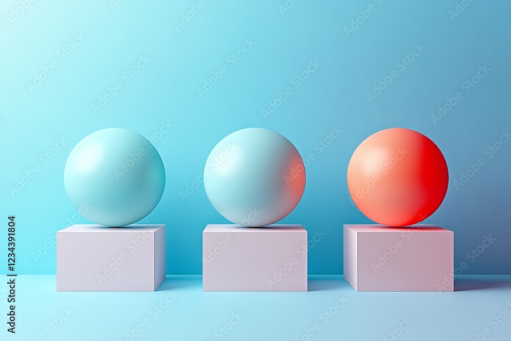 Three colorful spheres on pedestals against a light blue background in a creative display Three colorful spheres on pedestals against a light blue background in a creative display