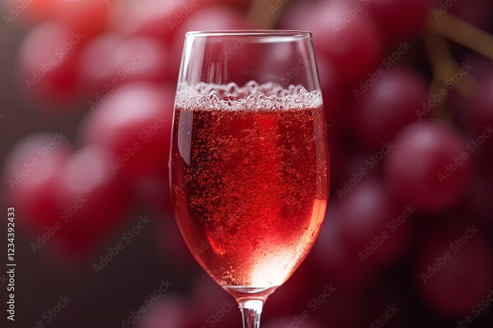 Red sparkling drink in glass with bubbles, surrounded by grapes Red sparkling drink in glass with bubbles, surrounded by grapes