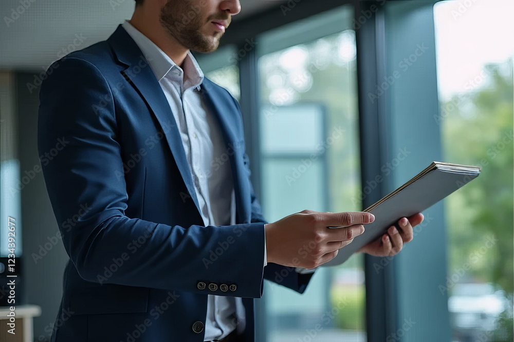 Fototapeta premium businessman in blue suit holding tablet in modern office setting