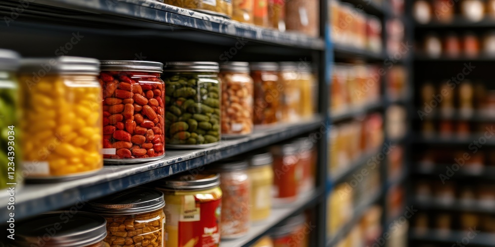 A vibrant display of colorful jars filled with various snacks in a store aisle.