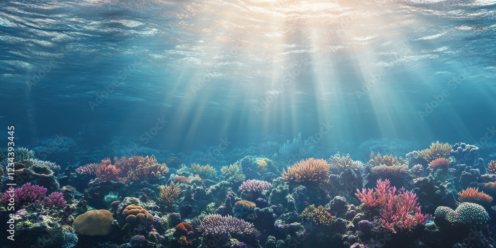 Fototapeta premium A vibrant underwater scene showcasing colorful coral reefs and shimmering water rays.
