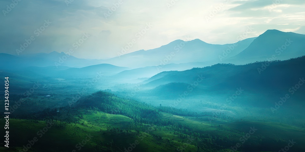 Breathtaking mountain landscape shrouded in mist and soft blue tones. Breathtaking mountain landscape shrouded in mist and soft blue tones.