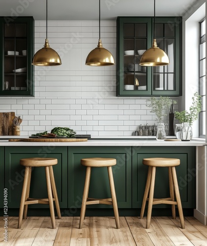 Modern Kitchen with Green Cabinets and Gold Pendant Lights