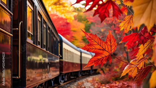 Fototapeta Naklejka Na Ścianę i Meble -  scenic train traveling through vibrant autumn foliage with colorful leaves. warm hues create picturesque fall landscape