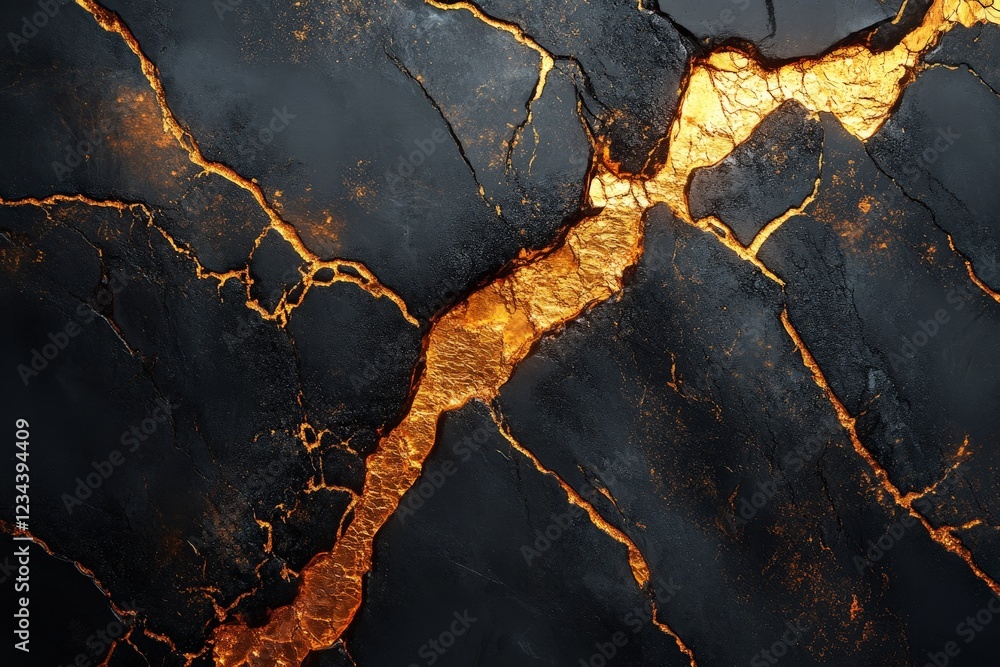 Stunning close-up of a textured black surface with bright gold veins creating a striking visual effect Stunning close-up of a textured black surface with bright gold veins creating a striking visual effect