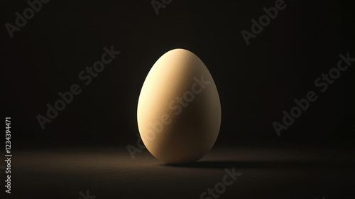 egg illuminated by dramatic lighting against a dark background. The composition highlights the egg’s texture and shape, creating a minimalist and artistic feel