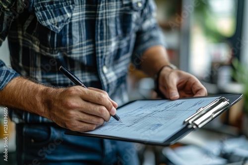 Auto check up and car service shop concept. Mechanic writing job checklist to clipboard to estimate repair quotation to client at workshop garage