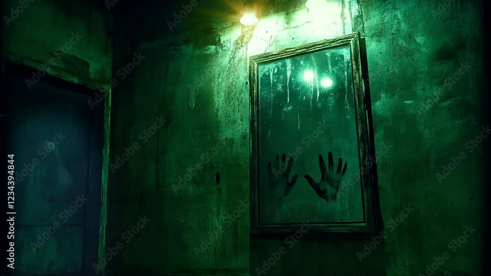 Haunted mirror with eerie handprints in a dark room concept. Seamless ...