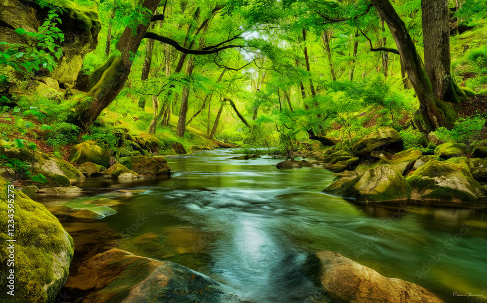 Mystical woodland creek with pristine water reflecting dense foliage, creating a magical atmosphere of peace and tranquility deep within nature’s untouched paradise. Mystical woodland creek with pristine water reflecting dense foliage, creating a magical atmosphere of peace and tranquility deep within nature’s untouched paradise.