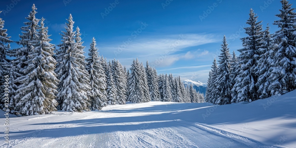 Fototapeta premium Snow-covered mountains and pine trees under a clear blue sky during winter.