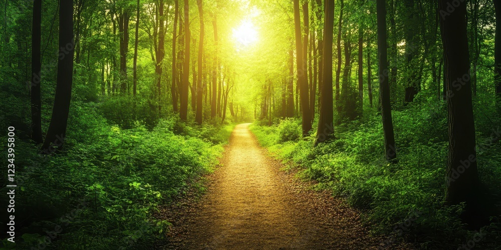 Obraz premium Sunlight filtering through a lush forest path, inviting exploration and tranquility.