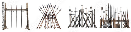 Collection of medieval weapons displayed on wooden racks in a historical setting featuring various types of swords and spears photo