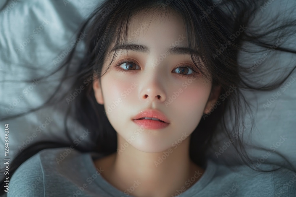 Asian women opened eyes lying on the bed have an insomnia problems Asian women opened eyes lying on the bed have an insomnia problems