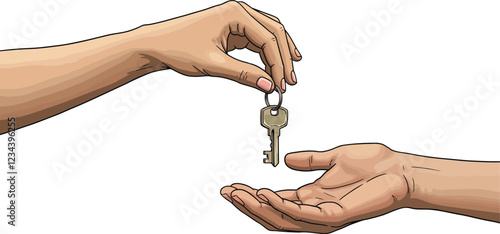 Vector illustration of one hand giving key to another, transaction concept, isolated on white background