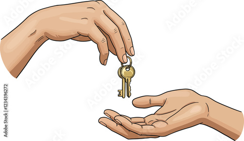 Vector illustration of one hand giving key to another, transaction concept, isolated on white background