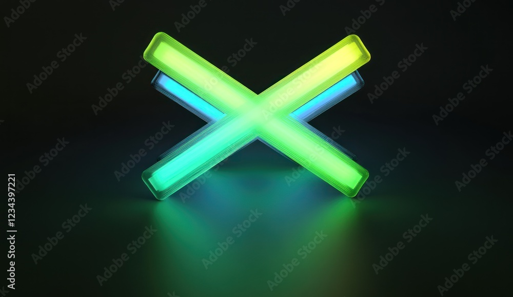 Fototapeta premium Glowing neon cross symbol on dark background.