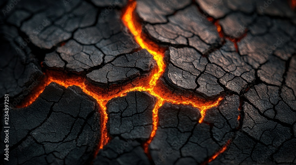 Cracked earth with glowing lava fissures, volcanic landscape background Cracked earth with glowing lava fissures, volcanic landscape background