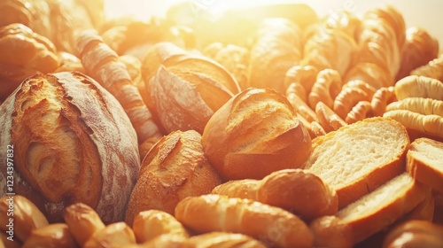 Freshly baked assortment of artisanal bread loaves and pastries illuminated by sunlight photo