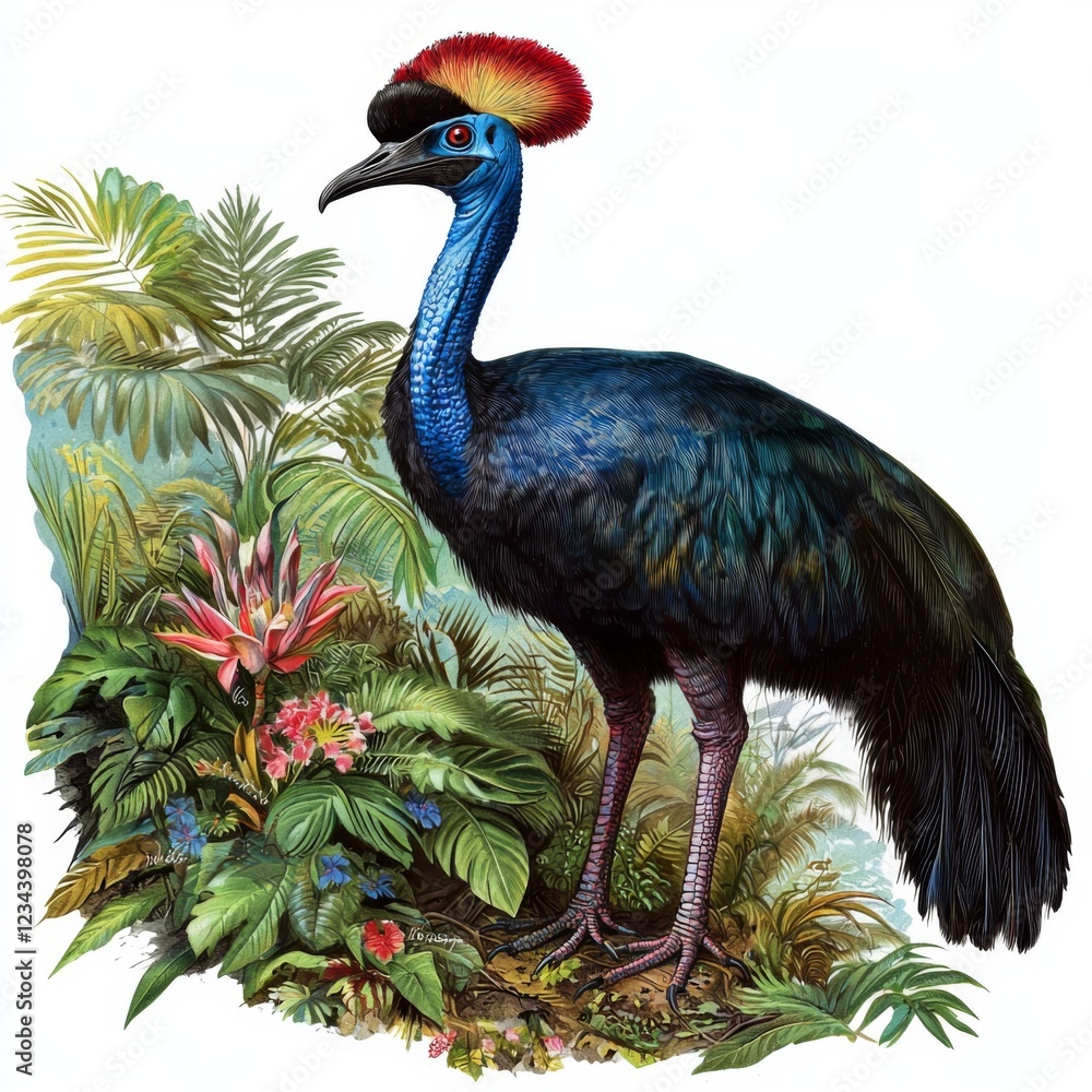 Naklejka premium Colorful Cassowary with Vibrant Plumage Surrounded by Lush Tropical Foliage and Exotic Plants in a Vivid Illustration