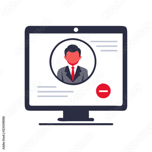 User profile on a computer screen with red denial sign and copy space
