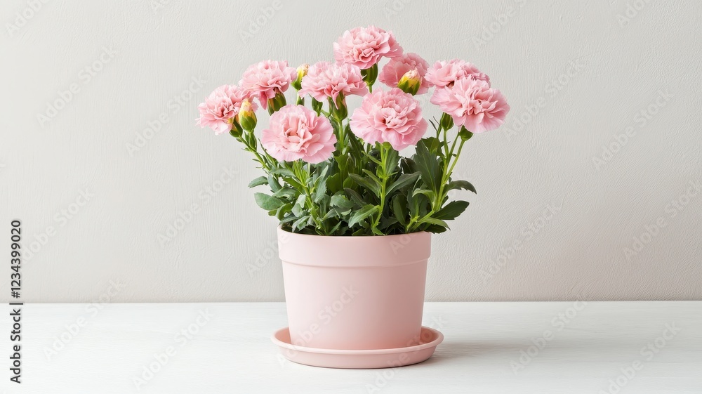 Fototapeta premium Fresh pink carnations elegantly arranged in a charming pastel pot, adding a touch of spring to any decor.