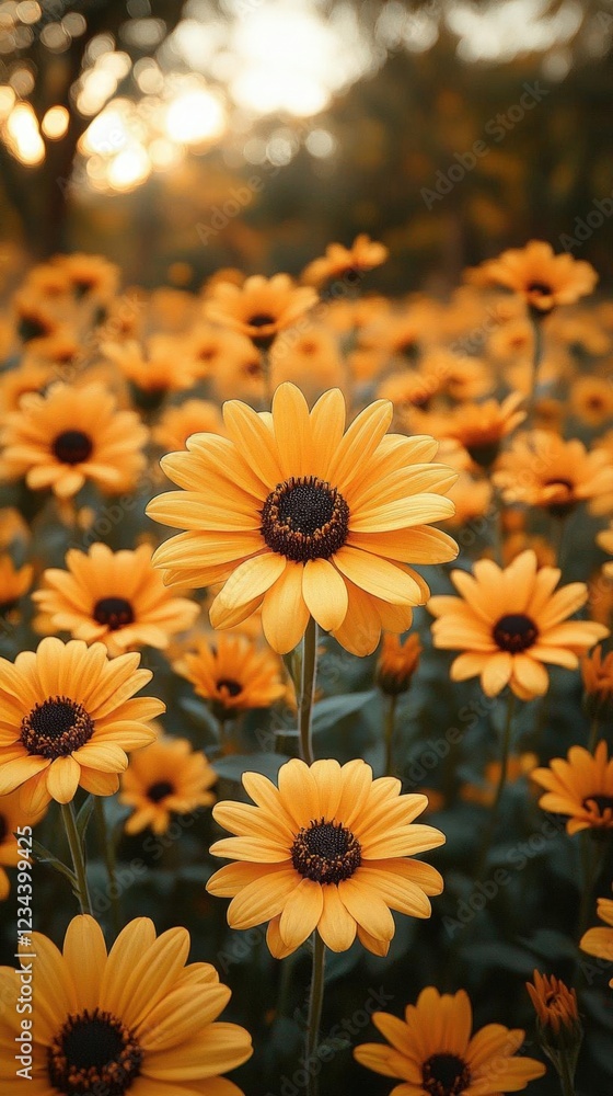 Golden Yellow Sunflowers Field at Sunset Golden Yellow Sunflowers Field at Sunset