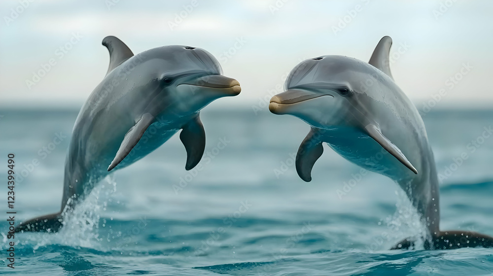Naklejka premium Dolphins leaping, ocean, playful interaction, marine wildlife, nature background, perfect for nature documentaries