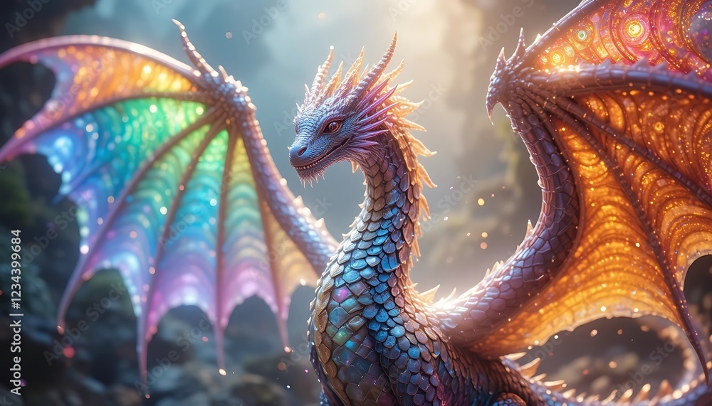 Naklejka premium Majestic iridescent dragon with rainbow wings, fantasy art, magical creature, mythical beast, detailed scales, vibrant colors, digital painting, artwork