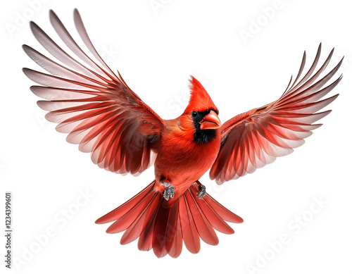 飛んでいるショウジョウコウカンチョウ。白背景。（Cute flying Northern Cardinal on white background）
 photo