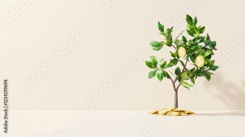 Growing wealth green tree with dollar sign coins in nature