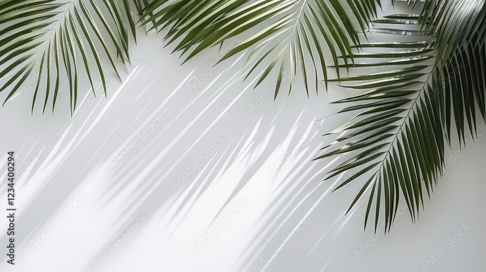 Fototapeta premium Natural Shadow Overlay of Palm Leaves on a White Background Creating a Soft and Elegant Texture for Stylish Decorative Use and Modern Aesthetic