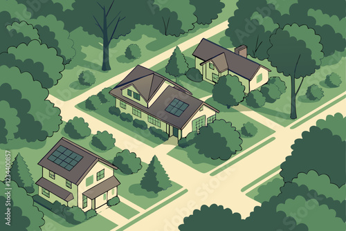  Aerial view, suburban neighborhood, lush green trees, bird's eye perspective, sunlit canopy, residential houses, urban forest, geometric patterns, solar panels, sustainable living, dappled sunlight