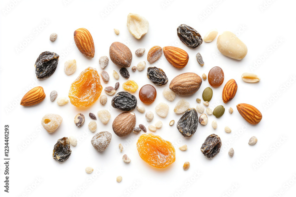 Assorted Nuts, Seeds, and Dried Fruits in Wooden Bowls on Neutral Background Assorted Nuts, Seeds, and Dried Fruits in Wooden Bowls on Neutral Background