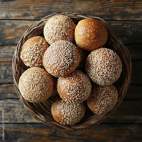 Freshly baked sesame seed bread rolls in a basket, placed on a rustic wooden surface. The photo showcases the delicious texture and golden-brown crust of homemade bakery products. photo