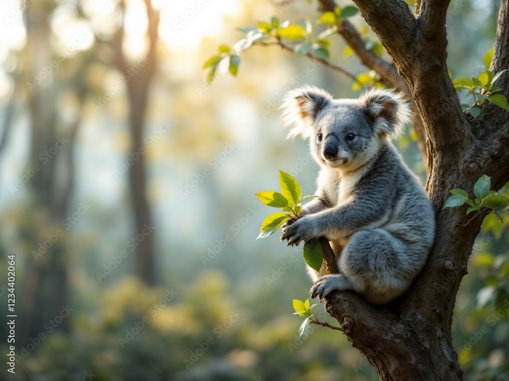 Fototapeta premium Baby koala sitting on a tree, curious mood, exploring nature, against a green forest background