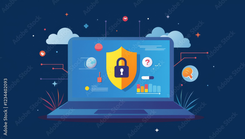 Naklejka premium Illustration of digital security and data protection in blue-gold gradient with network icons