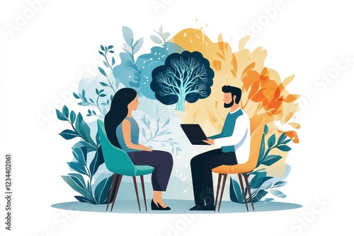 a therapist and a client in a counseling session, with a nature-inspired background, symbolizing growth and healing