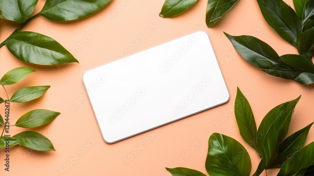 Naklejka premium White Blank Card Surrounded by Green Leaves on Orange Background