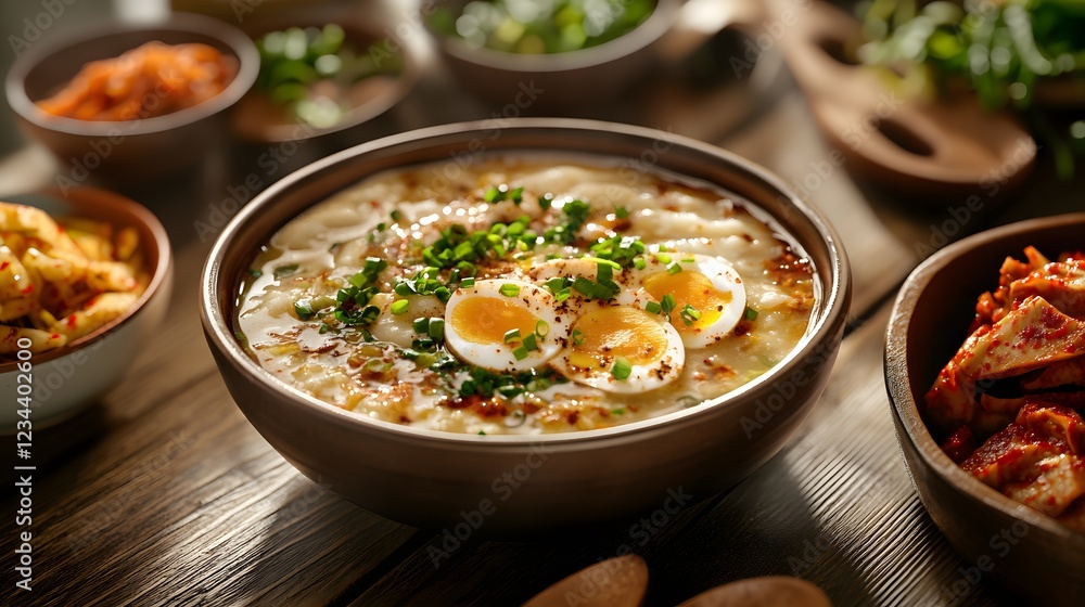 Warm Kitchen Scene Featuring Tteokguk with Traditional Korean Side Dishes for Seollal Celebration Warm Kitchen Scene Featuring Tteokguk with Traditional Korean Side Dishes for Seollal Celebration