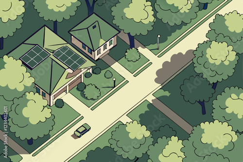  Aerial view, suburban neighborhood, lush green trees, bird's eye perspective, sunlit canopy, residential houses, urban forest, geometric patterns, solar panels, sustainable living, dappled sunlight