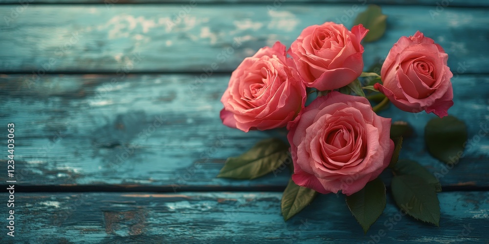 A bouquet of vibrant pink roses on a vintage blue wooden surface, evoking romance and charm. A bouquet of vibrant pink roses on a vintage blue wooden surface, evoking romance and charm.