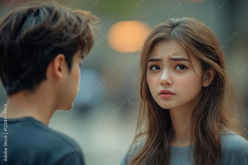 Fototapeta premium Breakup and depressed, asian young quarrel couple love fight relationship in trouble. Different people are emotion angry. Argue wife has expression upset with husband. Problem of family