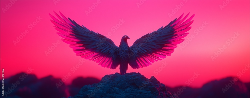 Fototapeta premium A majestic bird with outstretched wings stands against a vibrant pink and purple sky, embodying freedom and grace in an ethereal setting.