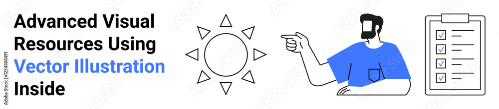 Man gesturing toward a sun symbol alongside a checklist. Ideal for productivity, creativity, planning, decision-making, personal growth, task management, flat landing page banner Man gesturing toward a sun symbol alongside a checklist. Ideal for productivity, creativity, planning, decision-making, personal growth, task management, flat landing page banner