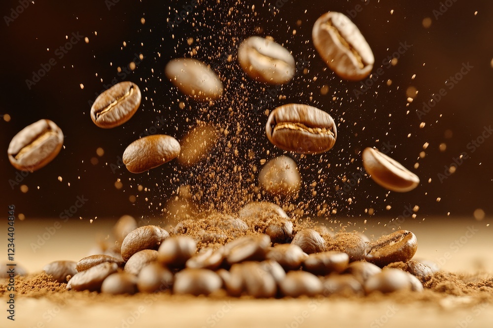 Fresh coffee beans fall gracefully, surrounded by aromatic coffee grounds, capturing the essence of flavor and richness in every sip. Fresh coffee beans fall gracefully, surrounded by aromatic coffee grounds, capturing the essence of flavor and richness in every sip.