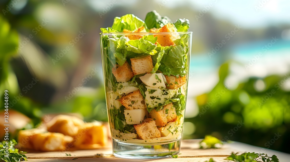 A Refreshing Layered Caesar Salad in a Tall Glass, Perfect for a Sunny Beach Picnic with Friends A Refreshing Layered Caesar Salad in a Tall Glass, Perfect for a Sunny Beach Picnic with Friends