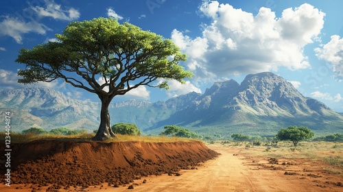 Majestic African Savanna Landscape With Lone Tree And Mountains