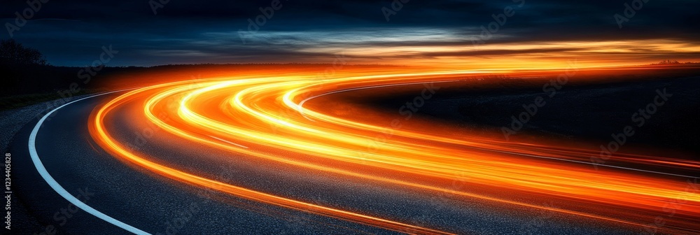 Streaks of Light Trail Across Curving Road at Sunset, Symbolizing Speed and Data Flow Streaks of Light Trail Across Curving Road at Sunset, Symbolizing Speed and Data Flow