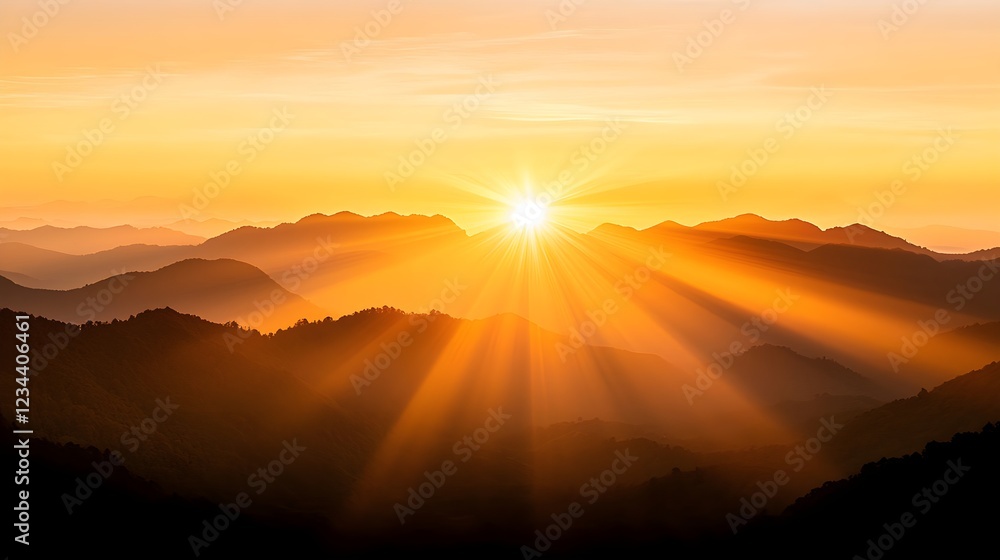 Obraz premium Golden Sunrise Over Silhouetted Mountains
