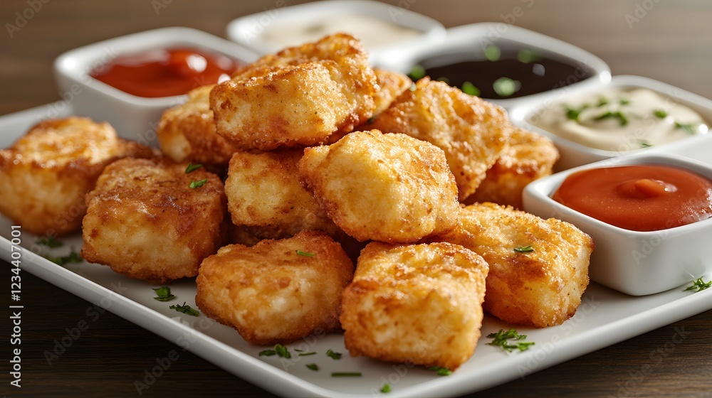 Exquisite Presentation of Delicious Chicken Nuggets with Dipping Sauces and Garnishes Exquisite Presentation of Delicious Chicken Nuggets with Dipping Sauces and Garnishes